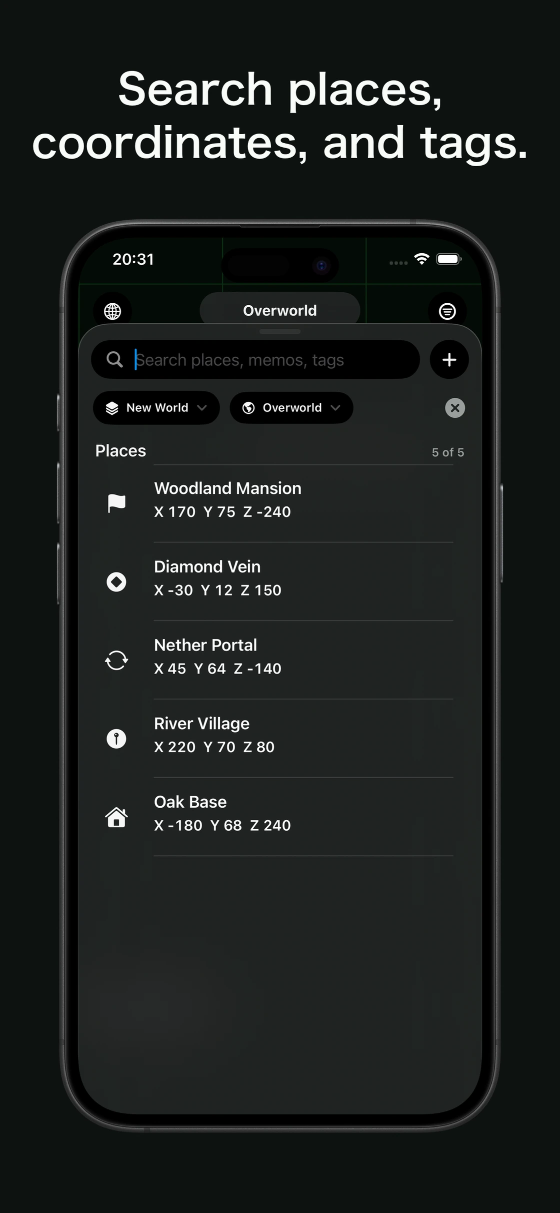 Atlas for Minecraft: Searching places by coordinates and tags