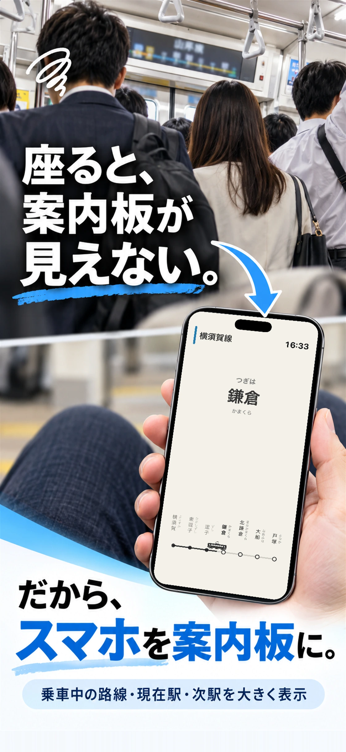 どこでも案内板:車内で次の駅を確認する案内板