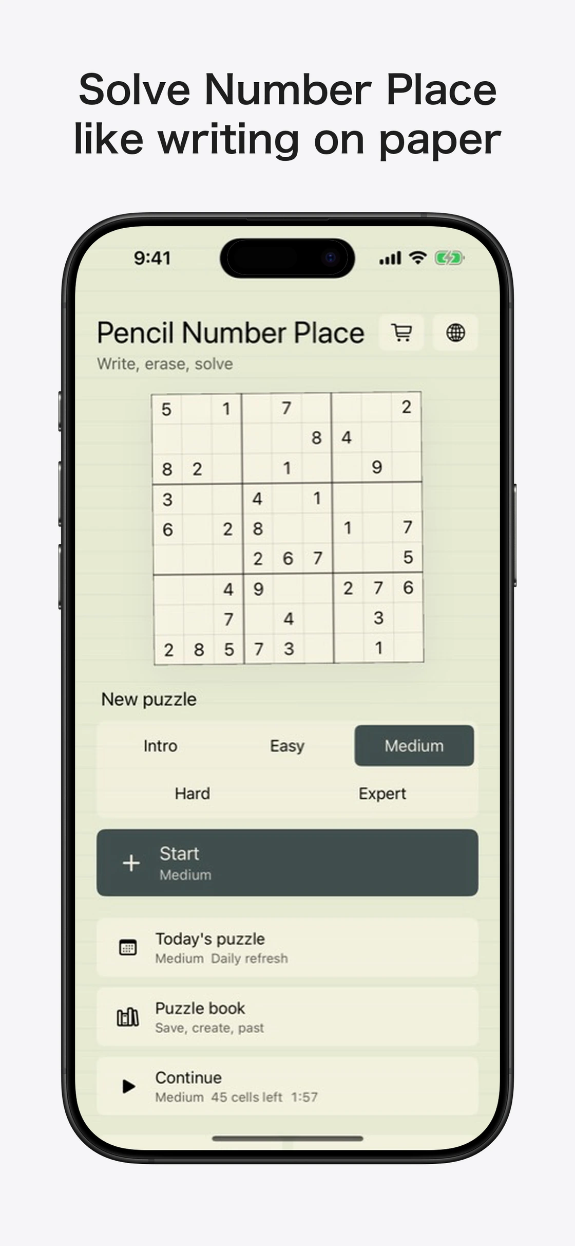 Pencil Number Place: Choosing a puzzle difficulty or the daily puzzle